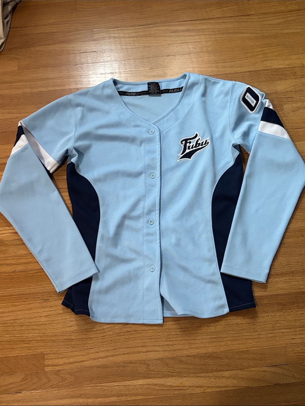 FUBU Light Blue and Navy Button-Front Baseball Jersey Top